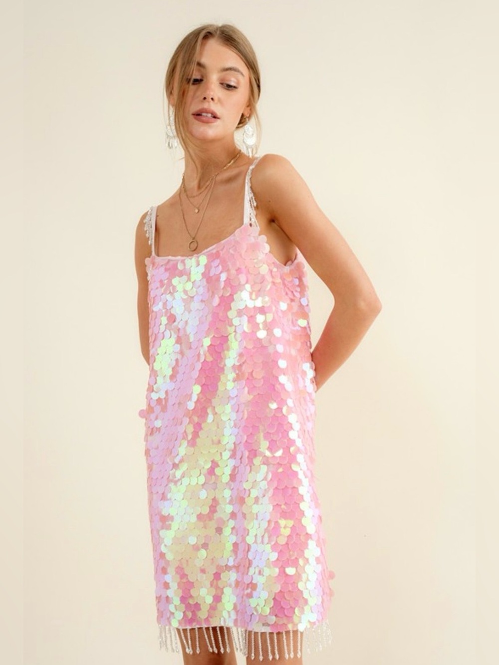 Iridescent Pink Sequin Slip Dress with Beaded Hem